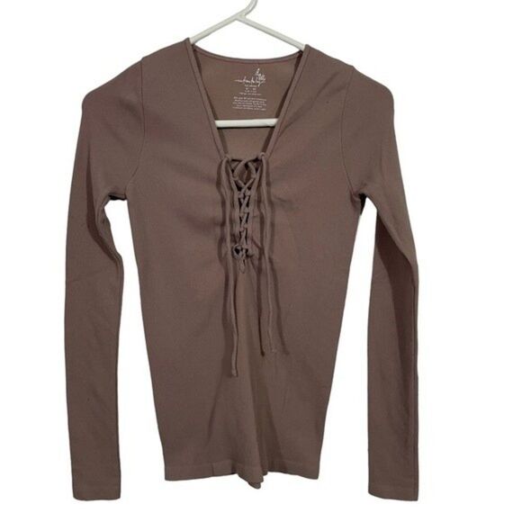 Intimately Free People Mauve Lattice Tie Long Sleeve Ribbed T-Shirt - Picture 1 of 4